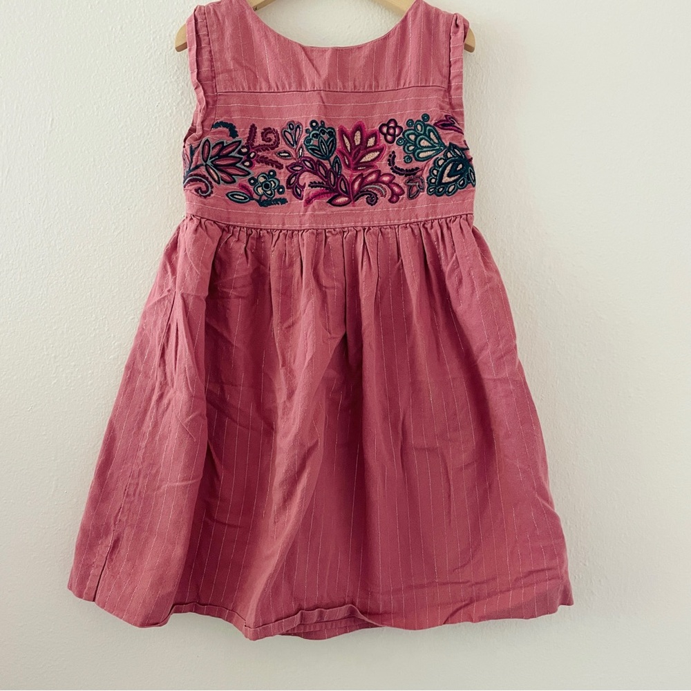 Tea Collection Pink Floral Embroidered Silver Stripe Dress